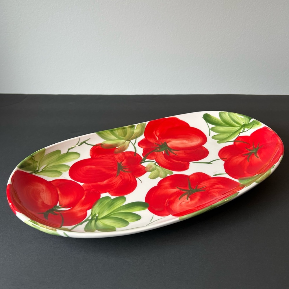 SOLD Vibrant Hand-Painted Ceramic Oval Platter 13", Red Tomatoes, Made in Italy - Picture 6 of 15